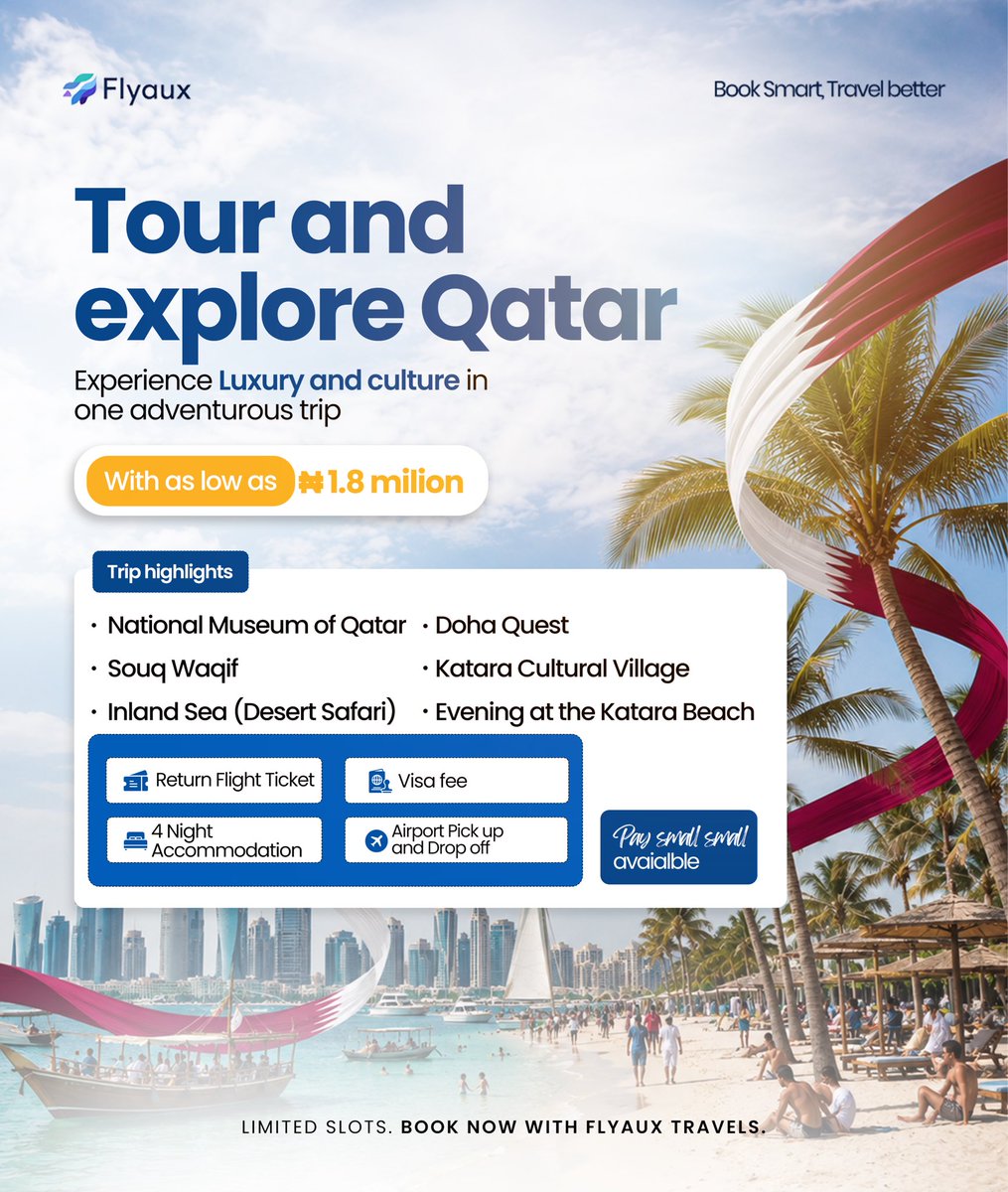 Flyauxofficial's tweet photo. Summer is here already, where will you be spending it?

Why keep postponing your travel plans when you can pay small small?

For just 1.8 million, your package covers:

Return flights

Visa

4-night accommodation

Airport transfers

Visit the most iconic landscape in the world.

Limited slots available.

Book now before prices increase!

#qatar

#Visitqatar

#Flyaux