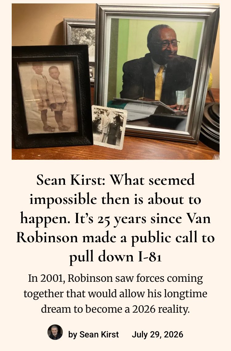 seankirst's tweet photo. Twenty-five years ago this week, a lot of people laughed when late Van Robinson laid out case in one of my columns for why Interstate 81 bridges should come down in heart of Syracuse. That lonely argument was not lonely for long. My column today on that moment and where it led: https://t.co/cfjuSu3gdU