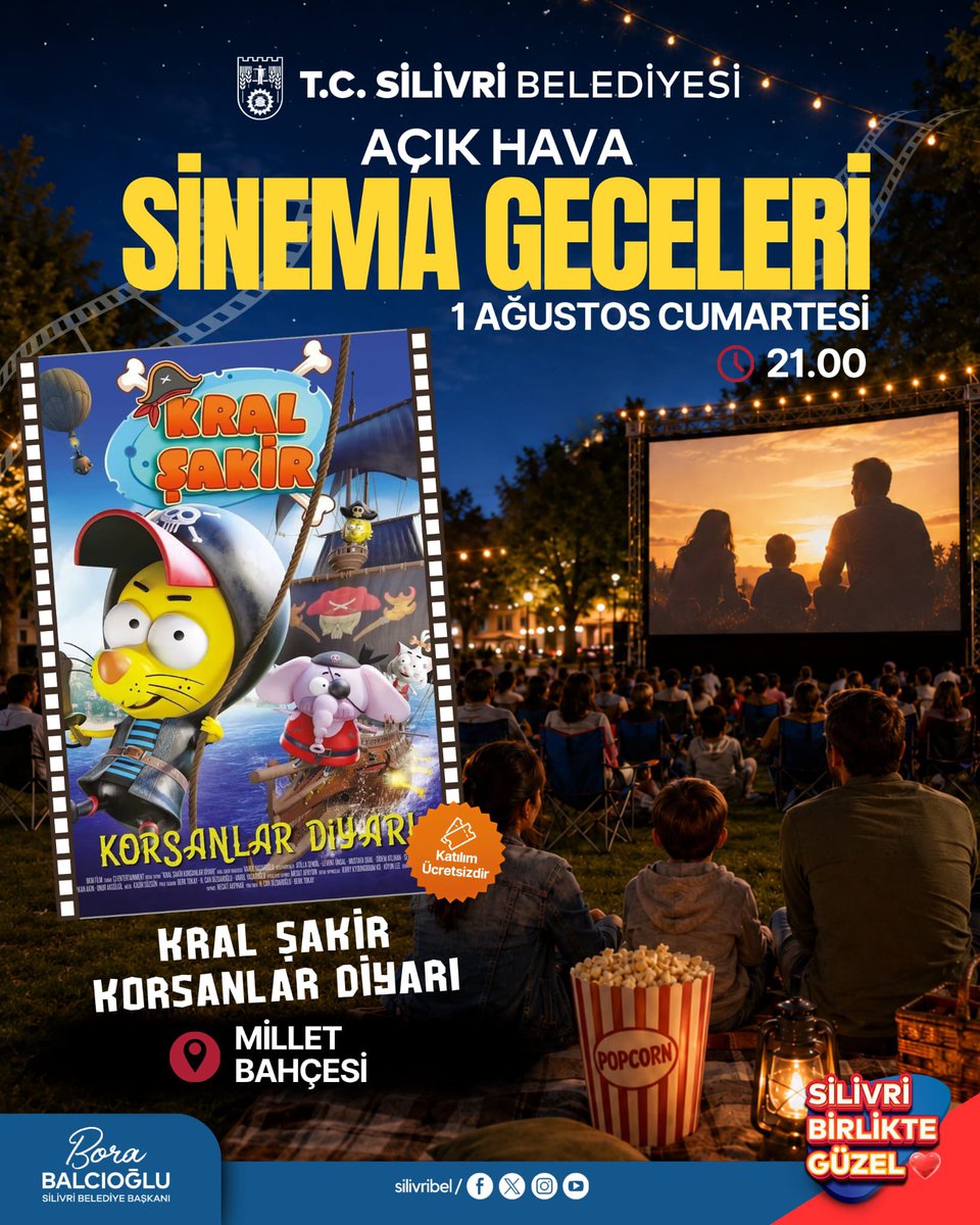 SilivriBel's tweet photo. Açık Hava Sinema Geceleri Millet Bahçesi’nde! 🎥🍿

Silivri Belediyesi Açık Hava Sinema Geceleri kapsamında; ailenizle keyifli vakit geçirmek, komşularınızla aynı heyecanı paylaşmak ve açık havada sinema keyfini yaşamak için sizleri ücretsiz film gösterimimize davet ediyoruz.

📅 31 Temmuz Cuma
🕑 21.00
🎥 Adile Naşit

📅 1 Ağustos Pazar
🕑 21.00
🎥 Kral Şakir Korsan Diyarı

📍 Silivri Millet Bahçesi

🎟️ Katılım ücretsizdir