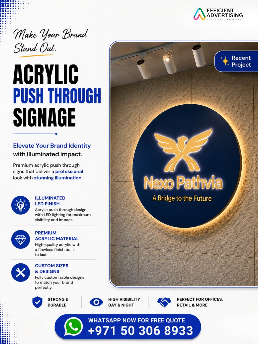 EfficientUAE's tweet photo. Give your brand a premium look with acrylic push through signage. ✨

Custom 3D acrylic signs designed for offices, receptions, retail stores, and commercial spaces.

📲 +971 50 306 8933
🌐 https://t.co/8z51O9qIk2

#AcrylicSignage #3DSignage #Branding  #EfficientAdvertising https://t.co/pRFO4GFZUX