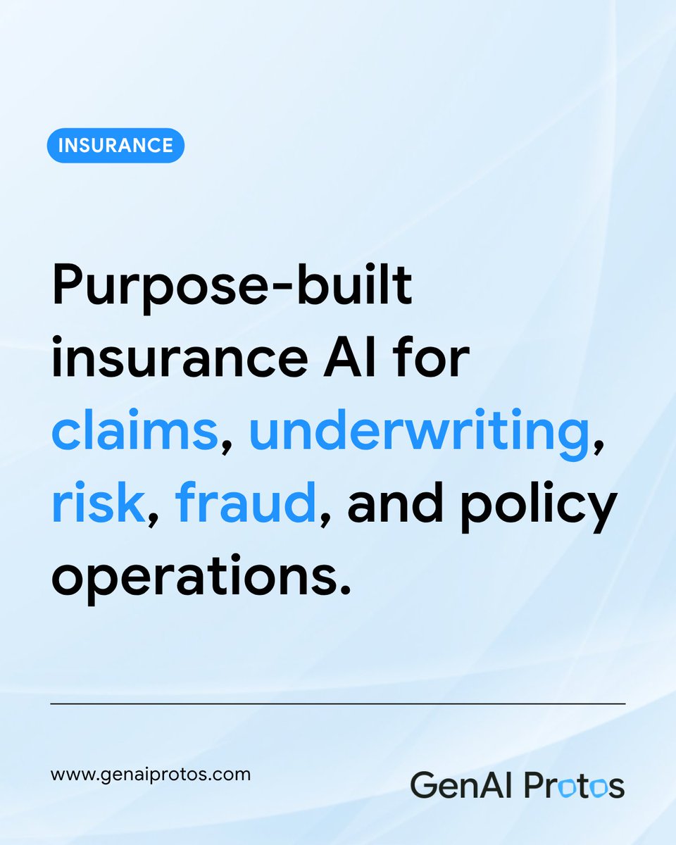 GenAIProtos's tweet photo. Purpose-built insurance AI for claims, underwriting, risk, fraud, and policy operations - designed to improve accuracy, speed decisions, and support secure enterprise workflows.
https://t.co/nPWew2Bgde
#GenAIProtos #InsuranceAI #EnterpriseAI #ClaimsAI https://t.co/ywwdemuTCb