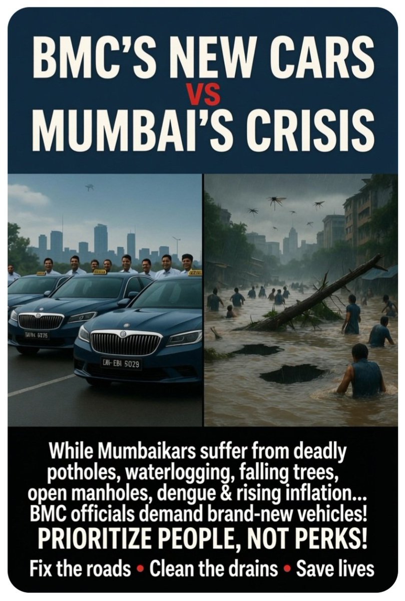 RakeshMumbai78's tweet photo. मनपा अधिकाऱ्यांच्या नव्या गाड्यांची हौस की मुंबईकरांच्या जिवाची सुरक्षा?

मुंबई महानगरपालिकेने आपल्या अधिकाऱ्यांना आणि कर्मचाऱ्यांना नव्या गाड्या खरेदी करण्याचा प्रस्ताव मांडला आहे. अरबों रुपयांच्या अर्थसंकल्पाची मालकी असलेल्या या महामंडळाने सामान्य नागरिकांच्या जिवाच्या प्रश्नांकडे दुर्लक्ष करून स्वतःच्या सोयीसाठी नव्या वाहनांची व्यवस्था करण्याचा निर्णय घेतला आहे. हे अत्यंत दुर्भाग्यपूर्ण आणि शर्मनाक आहे.

आज मुंबईच्या रस्त्यांवर खड्ड्यांमुळे अपघात होत आहेत. पावसाळ्यात पाणी साचल्याने वाहतूक ठप्प होत आहे. झाडे कोसळून लोक जखमी होत आहेत. उघड्या मॅनहोल्समध्ये पडून प्राण गमावण्याच्या घटना घडत आहेत. वीजप्रवाहामुळे होणारे अपघातही थांबत नाहीत. नाल्यांची साफसफाई न झाल्याने पाणी साचते, डेंग्यू-मलेरियाचे मच्छर वाढतात आणि उंदरांची संख्या भयावह झाली आहे. हे सारे प्रश्न जीवघेणे आहेत. तरीही मनपा प्रशासन या मूलभूत कामांकडे पाठ फिरवून अधिकाऱ्यांच्या नव्या गाड्यांच्या हौशीत रममाण झाले आहे.

पावसाळा सुरू झाला की मुंबईकरांना दरवर्षी सारखेच दुःख सहन करावे लागते. रस्त्यांवरील खड्डे, धोकादायक झाडांची छाटणी, नाल्यांची स्वच्छता आणि रोगवाहक कीटकांचे नियंत्रण – ही कामे प्राधान्याने व्हायला हवीत. पण प्रशासनाने याऐवजी आपल्या अधिकाऱ्यांना आणि कर्मचाऱ्यांना नव्या गाड्या देण्याचा विचार केला. सामान्य नागरिक पेट्रोल-डिझेल, घरगुती गॅस आणि वीज यांच्या वाढत्या किमतींमुळे महागाईच्या विळख्यात अडकले आहेत. आर्थिक संकटामुळे त्यांचे जीवन कठीण झाले आहे. अशा वेळी मनपा प्रशासनाने नव्या गाड्यांची मागणी करणे म्हणजे जनतेच्या वेदनेकडे पूर्ण दुर्लक्ष करणे होय.

मुंबई महानगरपालिकेचा अर्थसंकल्प अवाढव्य आहे. या पैशाचा वापर नागरिकांच्या सुरक्षिततेसाठी, स्वच्छतेसाठी आणि आरोग्यासाठी व्हायला हवा. अधिकाऱ्यांना नवीन गाड्या देणे हे प्राधान्य असू शकत नाही. प्रशासनाने जनतेच्या मूलभूत गरजा पूर्ण करणे हेच आपले कर्तव्य समजले पाहिजे. नव्या गाड्यांची हौस सोडून रस्त्यांचे खड्डे भरून काढा, धोकादायक झाडे छाटा, नाले स्वच्छ ठेवा, मच्छर व उंदीर नियंत्रणात आणा. हीच खरी सेवा आहे.

मुंबईकरांना स्वच्छ, सुरक्षित आणि सुव्यवस्थित शहर हवे आहे. अधिकाऱ्यांच्या आरामापेक्षा नागरिकांचे जीवन महत्त्वाचे आहे. मनपा प्रशासनाने हा निर्णय रद्द करून जनतेच्या प्रश्नांकडे तातडीने लक्ष द्यावे. अन्यथा ही नव्या गाड्यांची हौस मुंबईकरांच्या जिवाची किंमत ठरू शकते.

राकेश सिंह,
व्हिसल ब्लोवर,
मुंबई, महाराष्ट्र.
@mybmc @mybmcInfra @mybmcWardS @AshwiniBhide @TawdeRitu @misanjayghadi  @India_NHRC @CollectorMsd @ashok_patil9901 @SDPatil_16 @MPLodha @Dev_Fadnavis @Devendra_Office @CMOMaharashtra @mieknathshinde @SunetraA_Pawar @zee24taasnews @abpmajhatv @NDTVMarathi @TV9Marathi @News18_marathi @ColorsMarathi @bbcnewsmarathi @LokshahiMarathi @lokmat @LoksattaLive @thodkyaat @saamTVnews @SaamanaOnline @mid_day @pudharionline @mumbaimatterz @mumbaitak @RoadsOfMumbai @AndFootpath @DainikBhaskar @JagranNews @mataonline @TheMumbaiMirror @Mumbaikhabar9 @MahaDGIPR