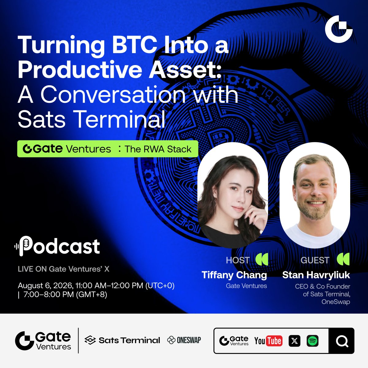 gate_ventures's tweet photo. Gate Ventures Podcast | Episode 11
Turning BTC Into a Productive Asset: A Conversation with Sats Terminal

🌟 Guest: Stan Havryliuk, CEO & Co-Founder of Sats Terminal, OneSwap @stan_havryliuk @SatsTerminal @OneSwapCC
🎤 Host: Tiffany Chang, Gate Ventures @hella_tifficult

Bitcoin is the hardest money ever created — but most BTC remains underutilized. The next question is: how can Bitcoin unlock more utility while preserving the core principles that make it unique?

In this episode, Stan Havryliuk, CEO & Co-Founder of Sats Terminal, joins us to explore how Bitcoin can become a more capital-efficient asset — from non-custodial lending infrastructure to seamless access across CeFi and DeFi liquidity.

We’ll discuss:
🔷 What “productive Bitcoin” means — and how trading, borrowing, and Bitcoin strategies can work together to unlock greater utility
🔷 How Sats Terminal aggregates opportunities across CeFi and DeFi for optimized execution, while keeping BTC secured through verifiable self-custodial contracts
🔷 The Starknet/Vesu integration and how innovative lending mechanisms are expanding possibilities within Bitcoin DeFi
🔷 Why leading investors are exploring Bitcoin DeFi — and where the ecosystem is heading next

📅 August 6, 2026, 11 AM – 12 PM UTC | 7 – 8 PM GMT+8
📍 LIVE on Gate Ventures’ X https://t.co/BBVicAa7rn