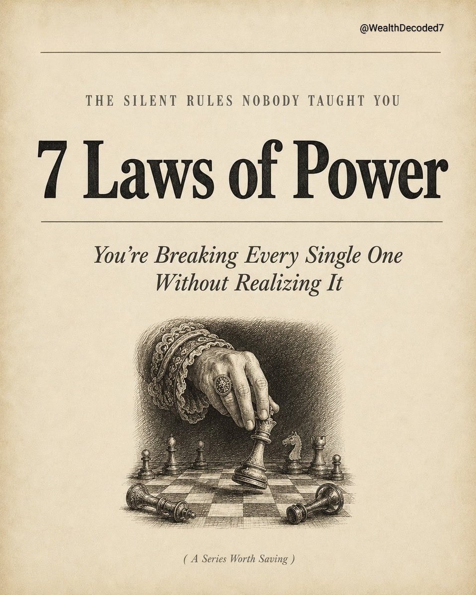 WealthDecoded7's tweet photo. THE SILENT RULES NOBODY TAUGHT YOU

7 Laws of Power

You're Breaking Every Single One Without Realizing It

-Thread- https://t.co/5RZZJGDBlF