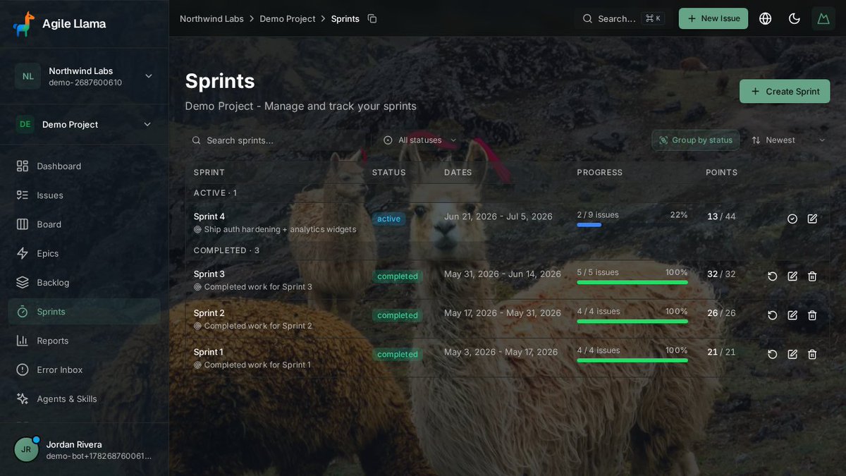ag_llama's tweet photo. After every sprint, Llama shows you:
- Completed vs planned story points
- Velocity trend across sprints
- Carry-over patterns
- Team throughput
The goal isn't perfection — it's continuous improvement with real data.
#agile #buildinpublic https://t.co/GECP01mNBP
