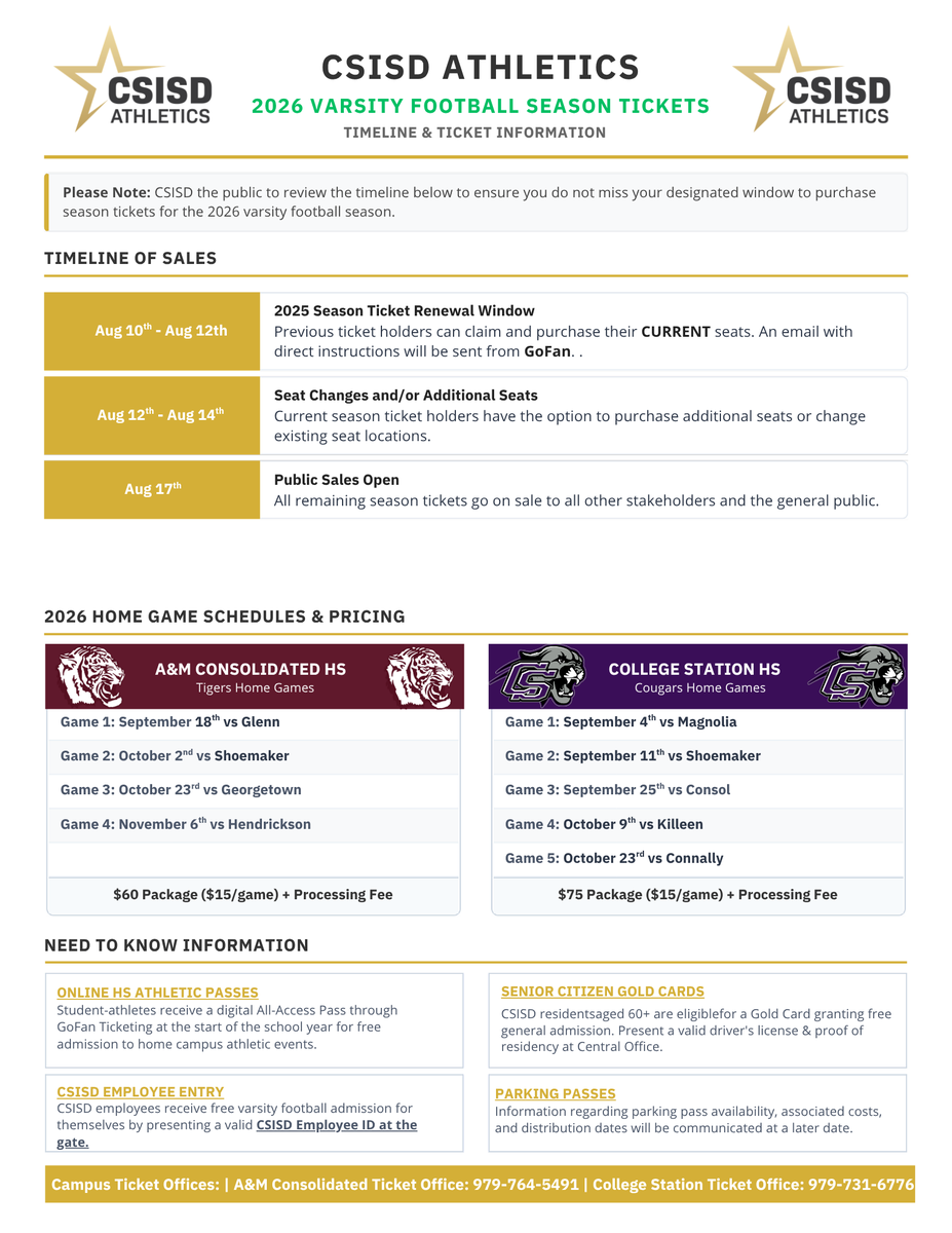 CSISDAthletics's tweet photo. Information regarding Season Ticket sales for @ConsolFootball and @TheCougarWay.  @AMCHSTigerClub @ConsolHS @CSHighSchool @CSHSCougarClub https://t.co/Wi8AG8THy9