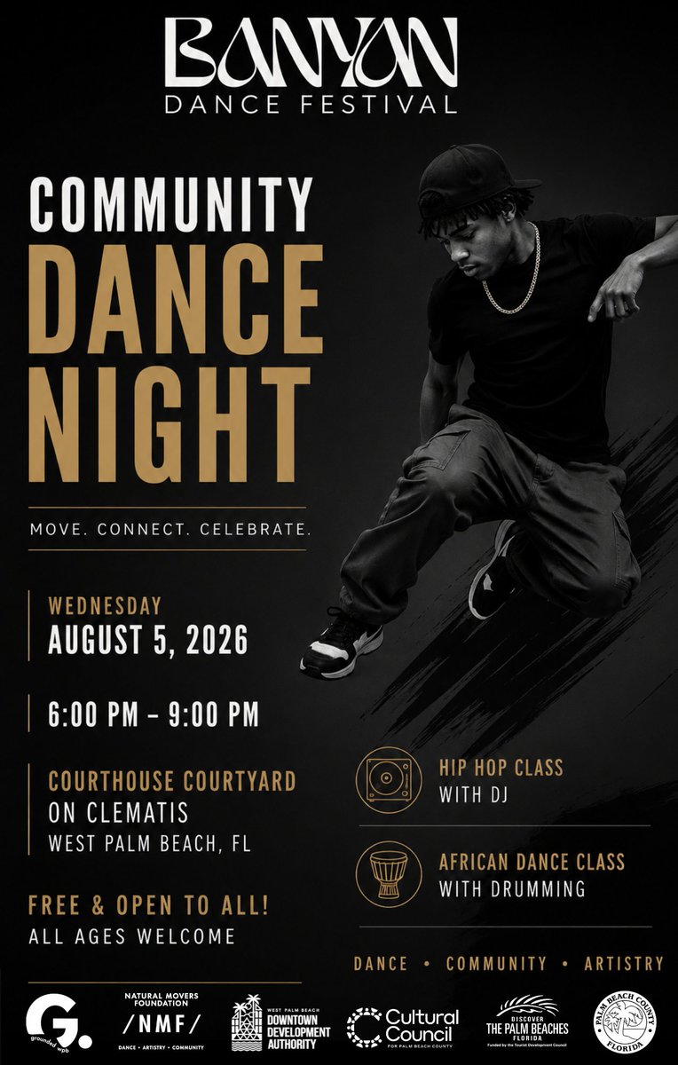 DowntownWPB's tweet photo. Get ready to dance! Join the FREE Banyan Community Class during the Banyan Dance Festival on Aug. 5 from 6–9 p.m. at the City Hall Courtyard. It's the perfect evening to move, connect, and have fun!

Learn more: https://t.co/Eq1dW9UyOj

#DowntownWPB https://t.co/NW1mKCtnQT