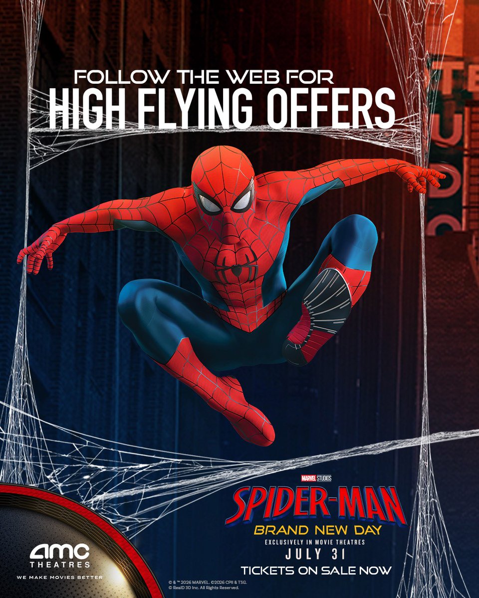 AMCTheatres's tweet photo. Follow the web to join the high-flying action with unforgettable offers and get tickets to see SPIDER-MAN: BRAND NEW DAY, opening 7/31. 🕸️ https://t.co/NNCPY8xN86 https://t.co/JbHEP0uKZR