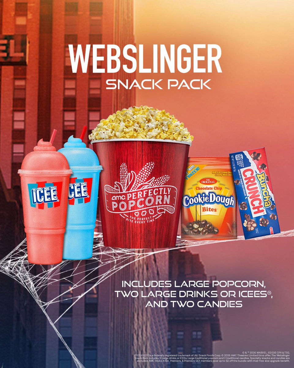 AMCTheatres's tweet photo. Follow the web to join the high-flying action with unforgettable offers and get tickets to see SPIDER-MAN: BRAND NEW DAY, opening 7/31. 🕸️ https://t.co/NNCPY8xN86 https://t.co/JbHEP0uKZR