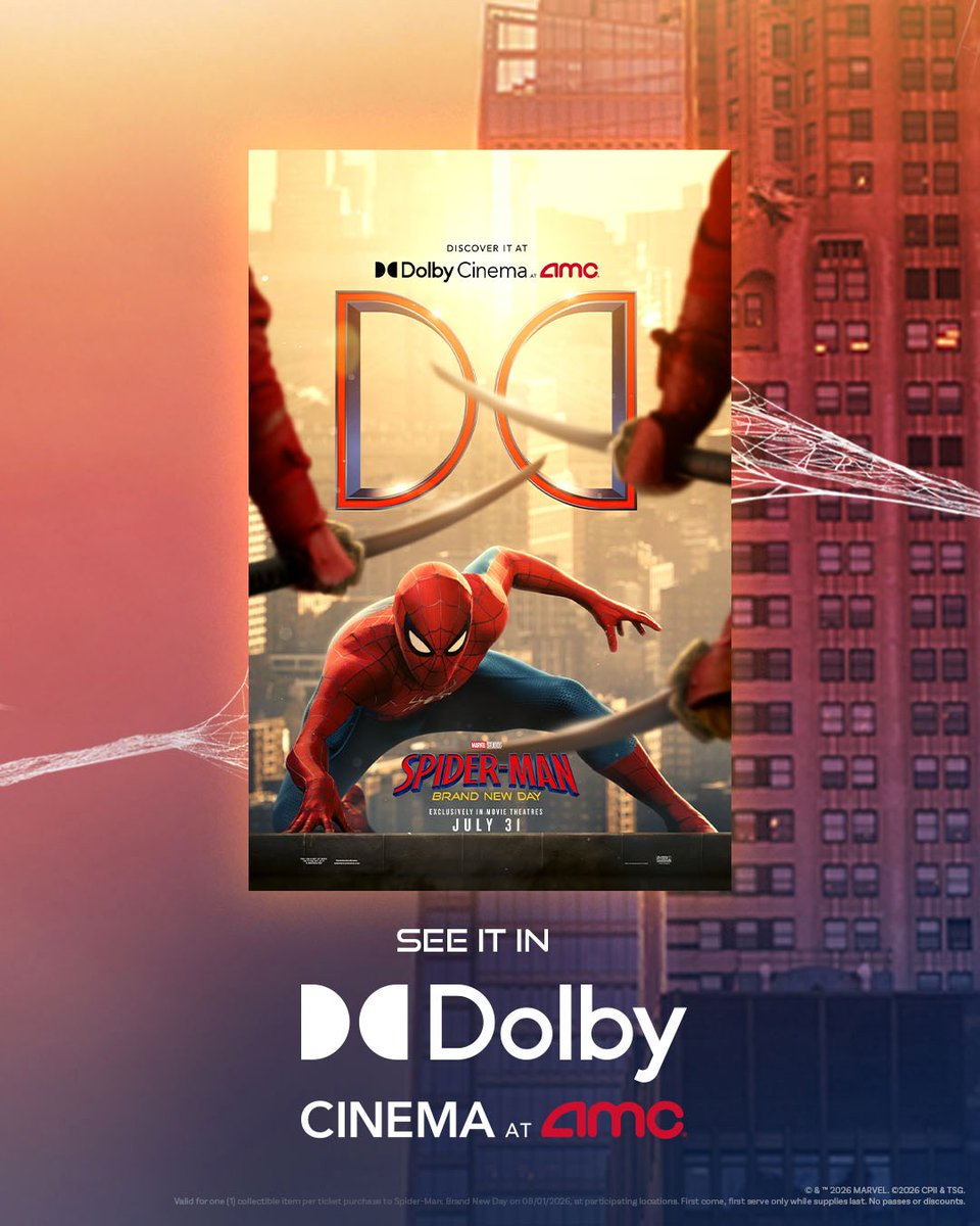 AMCTheatres's tweet photo. Follow the web to join the high-flying action with unforgettable offers and get tickets to see SPIDER-MAN: BRAND NEW DAY, opening 7/31. 🕸️ https://t.co/NNCPY8xN86 https://t.co/JbHEP0uKZR