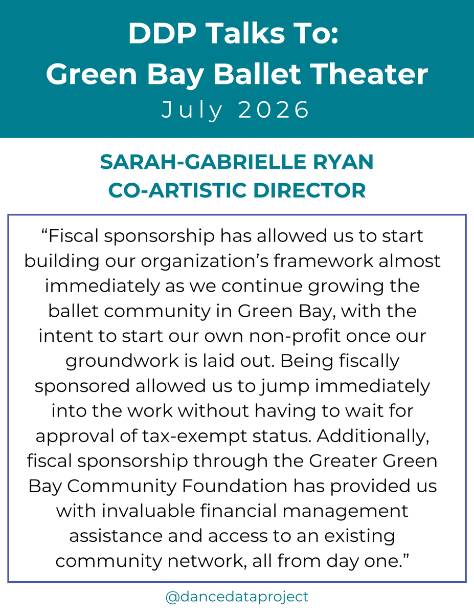 dancedatap's tweet photo. In our latest DDP Talks To interview, Sarah-Gabrielle Ryan, Co-Artistic Director of Green Bay Ballet Theater, discusses how fiscal sponsorship has helped the organization begin its work while laying the groundwork for future nonprofit status.

Read the full interview now! https://t.co/kpSIhKrLjq