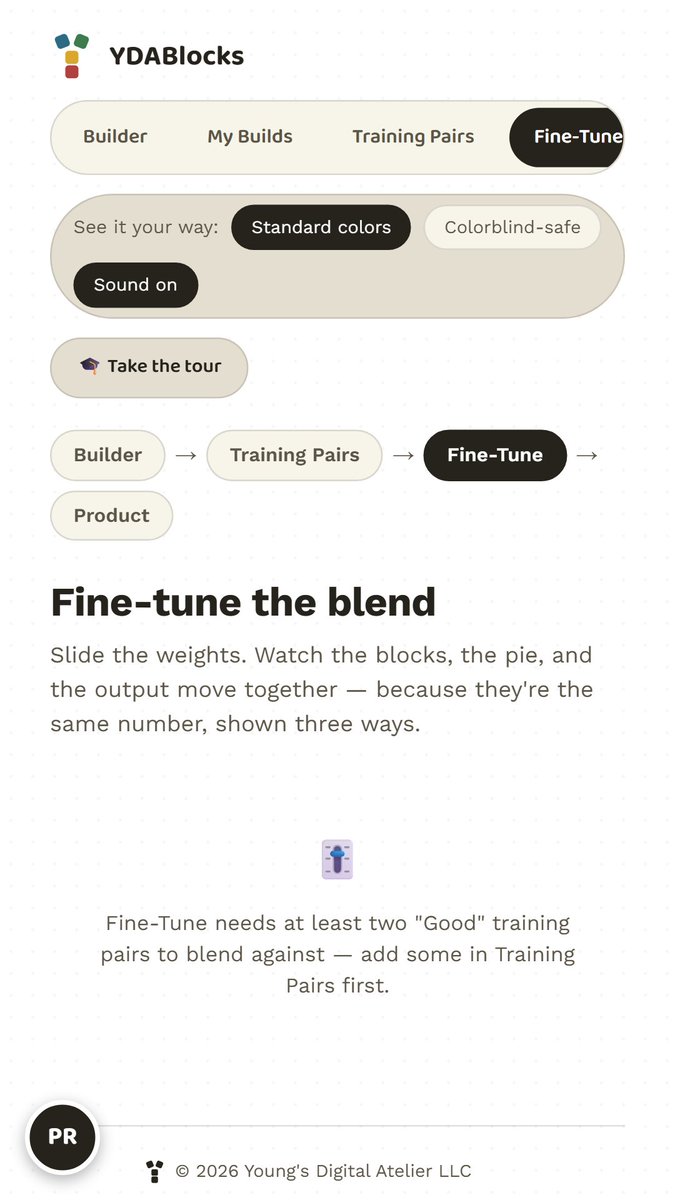 YoungsAtelier's tweet photo. Most kids use AI every day and have no idea how it actually works.

YDABlocks fixes that — a drag-and-drop builder where kids build their own tiny AI out of 4 color blocks (Read → Look Around → Think → Answer) and watch it think in real time.

Free to start. Built for real understanding, not magic.

👉 https://t.co/ghqPRyXMgy