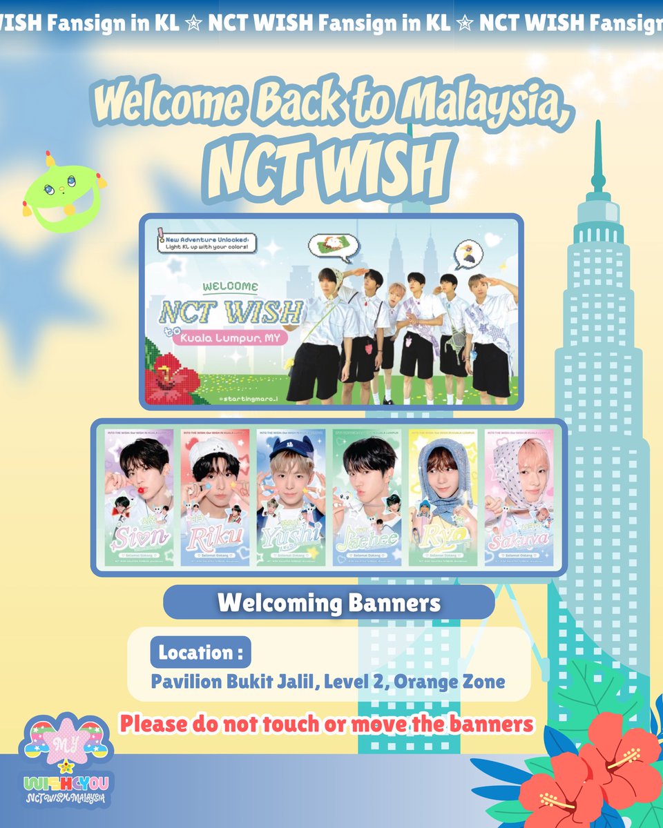 wishcyou's tweet photo. Welcoming Banners Project Preview!

We have collaborated with all NCT WISH Malaysia fanbases to reuse the airport welcome banners and welcome NCT WISH back to Malaysia once again! You can find these banners around the fansign venue.

📍 Please do not move or touch the banners.

In collaboration with @oh_MYsion @kuriku_my @YushiMandu_my @MY_Jaehee @BeamingRyoMY @SakuPinkPandaMY 

Banners’ designer : @startingmarc_i 

#NCTWISH
#WISHinKL