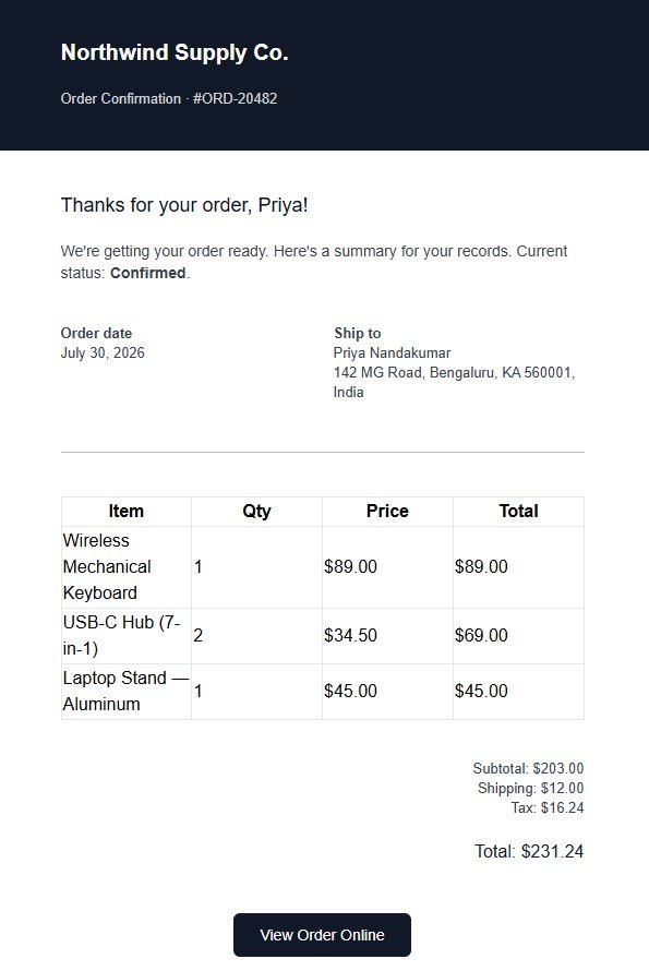 CreativeGracey's tweet photo. Most apps build 3 separate things for one order confirmation: an email, a status page, and a PDF invoice. Built it as ONE REACT component instead, same code renders all three!
Built with @unlayer's Elements:
Repo: https://t.co/rzjuH8oF6M
#BuiltWithElements https://t.co/ZrFh4enc2O