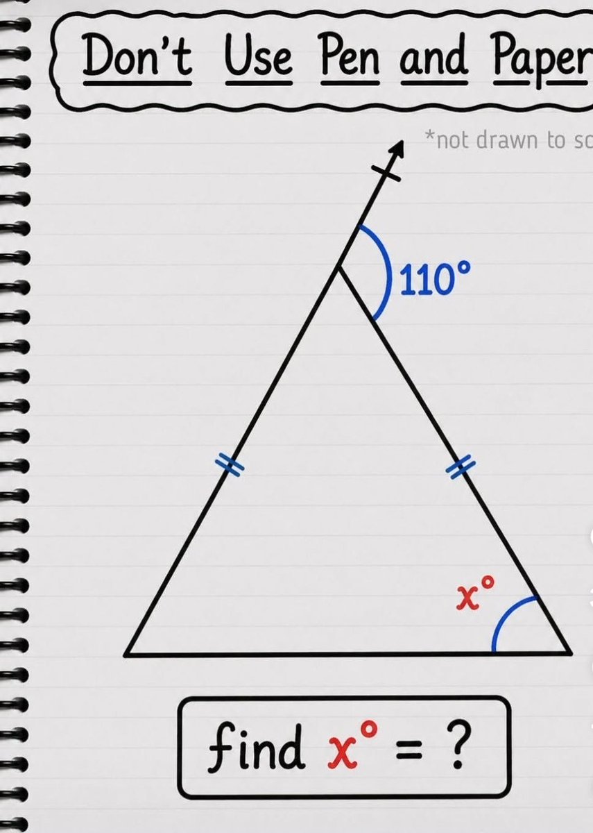 Quizmania0's tweet photo. Find x° = ?

This one is tricky. https://t.co/ZQnpJqraVr