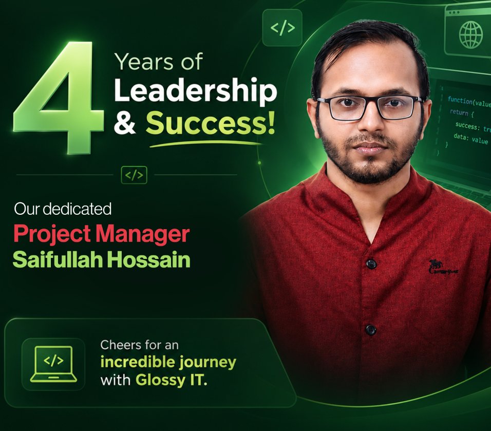 GlossyIT's tweet photo. 🎉 Celebrating 4 Years of Excellence!

Happy Work Anniversary, Saifullah Hossain, 
Our Amazing Project Manager at Glossy IT! https://t.co/nAp6CWhS0P