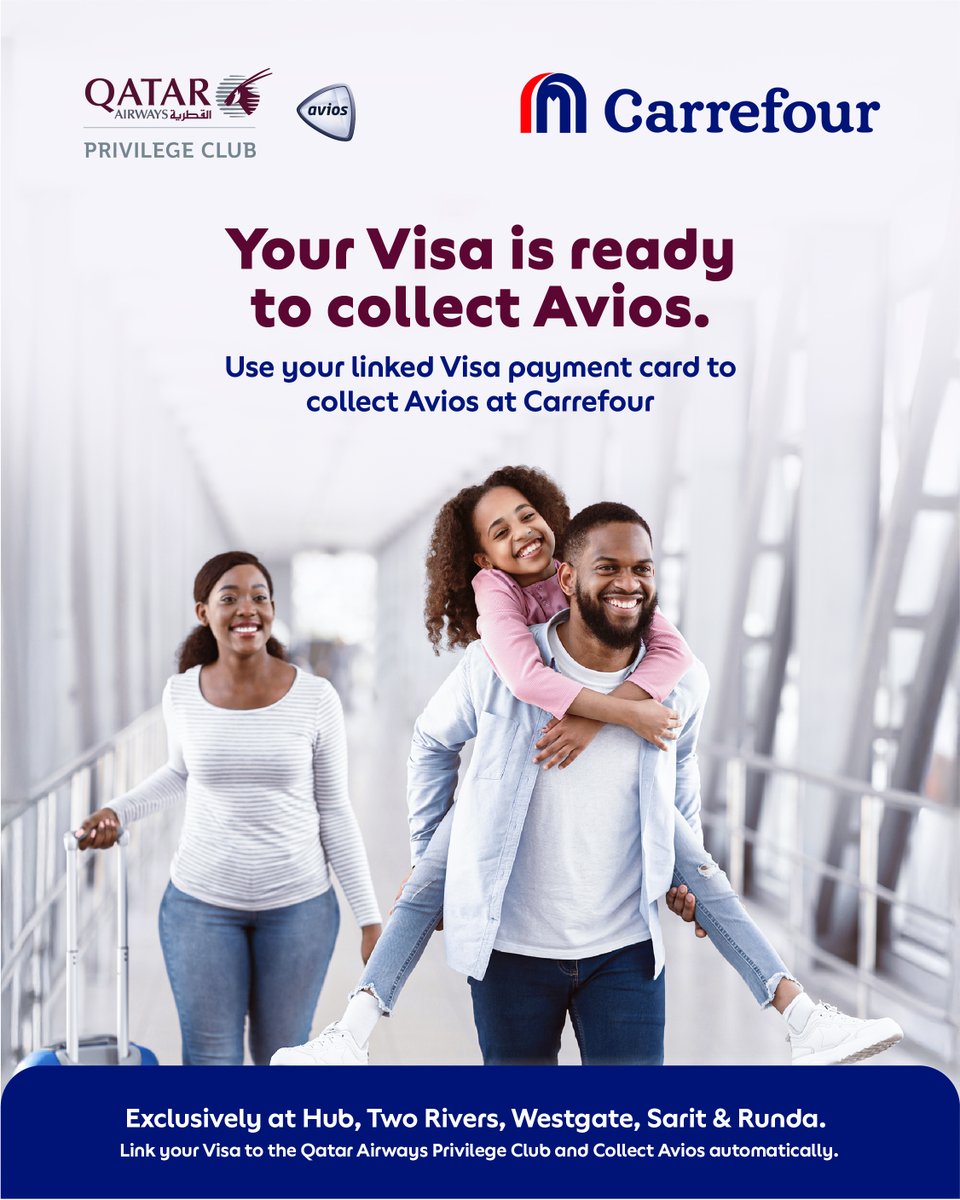 CarrefourKe's tweet photo. Your Qatar Airways Privilege Club-linked Visa card can now do more for you right here in Kenya! Pay at select Carrefour stores and enjoy Avios.​

#CarrefourKenya #QatarAirways #Avios https://t.co/KWlGRgl5LZ