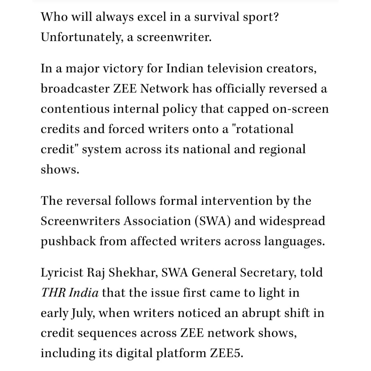 swaindiaorg's tweet photo. A MAJOR WIN FOR EVERY SCREENWRITER!

Following SWA's intervention, Zee Network has withdrawn its rotational credit policy &amp; reinstated full on-screen writer credits.

We welcome this decision and remains committed to protecting screenwriters' rights, recognition &amp; authorship. https://t.co/Ups6Iwg8Bg