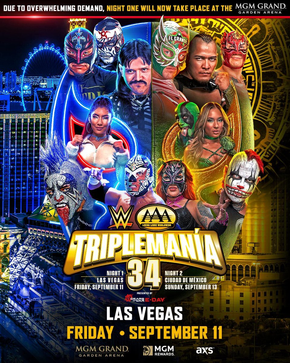 WWE's tweet photo. AAA is bigger than EVER with Triplemanía 34 moving to the MGM Grand Garden Arena!!

Triplemanía 34 will take place across Friday, September 11 &amp; Sunday, September 13!! 🔥

Read more: https://t.co/Xri7ngJUNK https://t.co/NifALSprUK