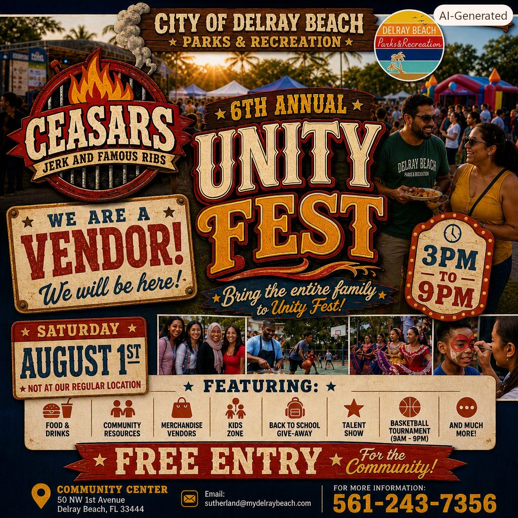 CeasarsRibsFL's tweet photo. Join us Sat, August 1st from 3 PM to 9 PM at the Community Center, 50 NW 1st Avenue, Delray Beach.
Come out for food, fun, giveaways, &amp; the best ribs in town.
https://t.co/ay7xEyYRyR
#CeasarsJerkAndFamousRibs
#UnityFestDelrayBeach
#FollowTheSmoke
#BBQVibesOnly
#DelrayBeachEvents https://t.co/SErQk0qVr3