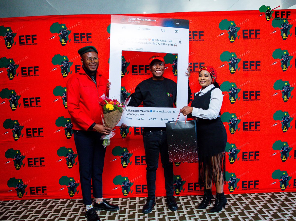 EFFSouthAfrica's tweet photo. ♦️In Pictures♦️

Fighters are people of their own word.

@MapulaMokgosang and @ApstDeza today delivered shoes to the President @Julius_S_Malema on behalf of Fighters. This is a promise and commitment they made after Grok said the CIC was wearing R800 pair of shoes. 

Thank you Fighters. You are a reflection of what the EFF stands. We make commitments and deliver.

#EFFPresser