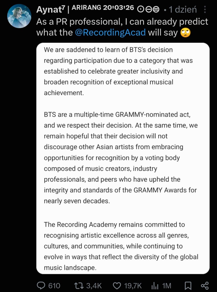 musicnewsfactpl's tweet photo. Osoba z Twittera przewidziała odpowiedź szefa GRAMMY na wycofanie się BTS z gali, zanim ta w ogóle została opublikowana. https://t.co/tnK99Qclyy