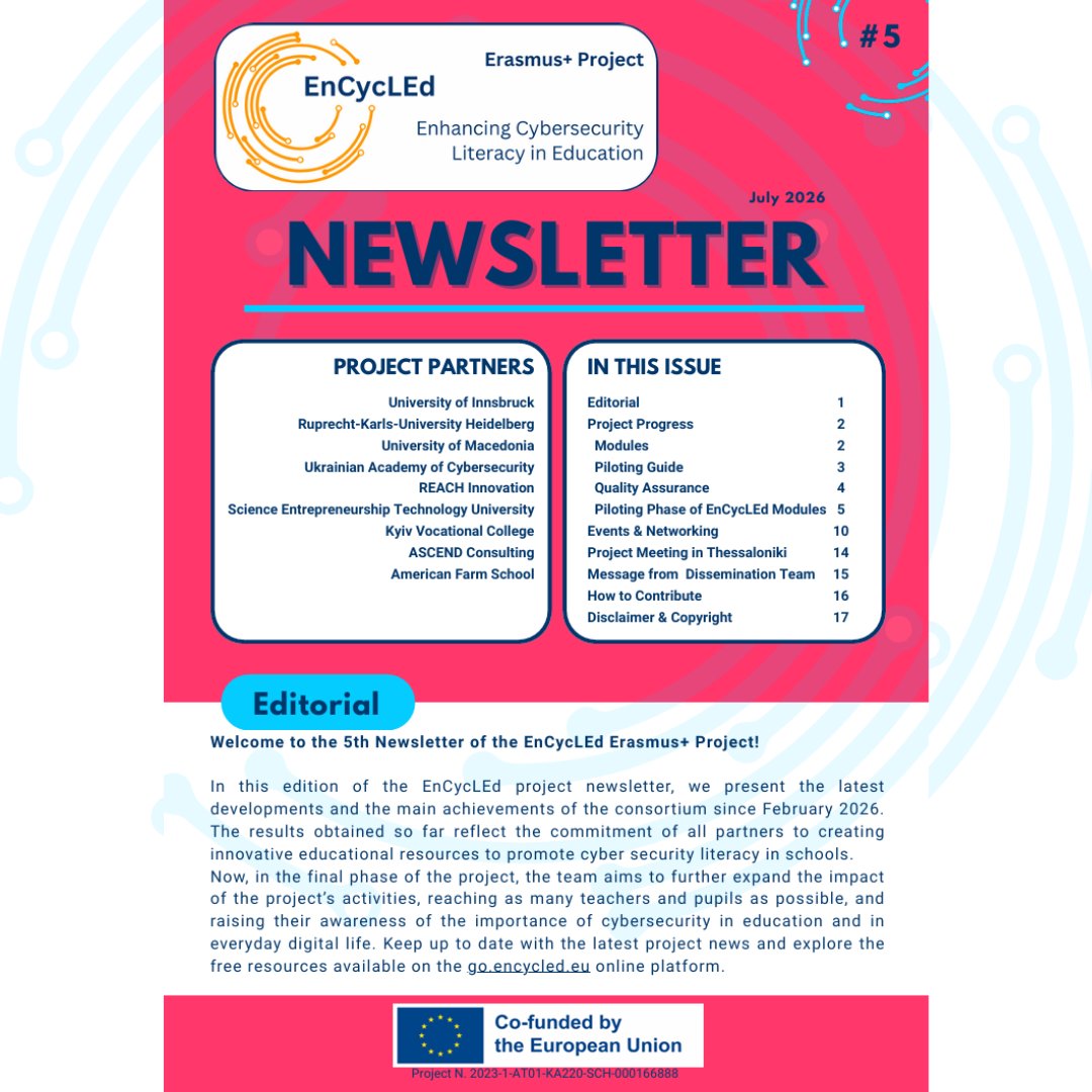 encycled_proj's tweet photo. Check out the fifth edition of the #EnCycLEd #Newsletter!
For more information, please do not hesitate to contact us!
You can find and download the Newsletter under https://t.co/hNuSJMR3J1.
#digital #cybersecurity #ErasmusPlus #ErasmusPlusProject https://t.co/0spo9HSexw
