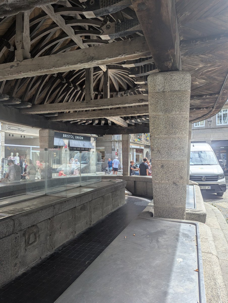 archiptere's tweet photo. La charpente du marché aux poissons historique de Saint Malo, et ses blochets sculptés et peints en forme de poissons https://t.co/l4iNoGFX7H