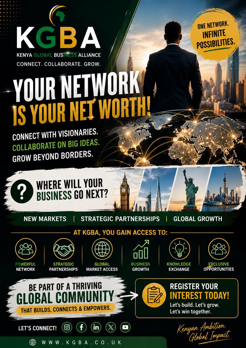 OfficialKGBA's tweet photo. Your network is your net worth.

The biggest opportunities in business don't always come from what you know...

Every partnership starts with a conversation.
Every investment starts with a connection.

🌐 https://t.co/xw5qdgYVWA

#KGBA #KenyaGlobalBusinessAlliance #YourNetwork https://t.co/nZNtIIfJ3q
