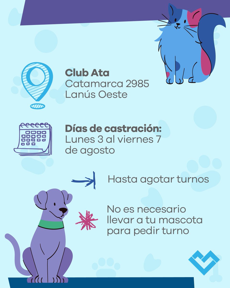 lanusmunicipio's tweet photo. Punto de castración itinerante 🐶🐱

⚠️ Este vienes 31 estaremos entregando turnos para castración de manera presencial.

Se otorgarán a partir de las 9:00 hasta agotar cupos en 📍Club Ata (Catamarca 2985, Lanús Oeste) 

✅ Las castraciones se realizarán de forma gratuita del lunes 3 al viernes 7 de agosto.

#LaCiudadQueNosMerecemos 🩵