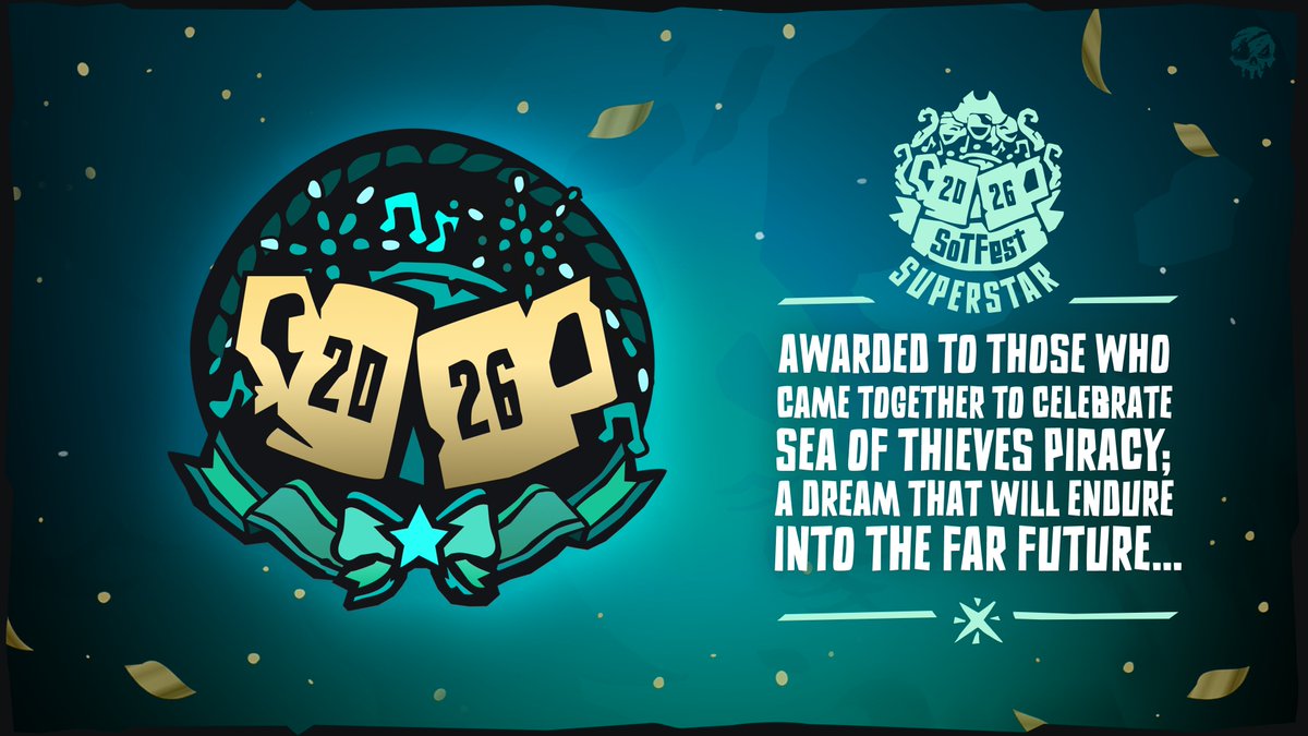 SeaOfThieves's tweet photo. If you see a SoTFest Superstar on the seas, that's a @SoTFest VIP! Featuring an icon inspired by @MiddyMidMid's logo for this year's gathering, these pirates either attended as a VIP or earned the Title at the in-person event. It doesn't mean they won't steal your loot, mind! https://t.co/HN9CiqSzHP