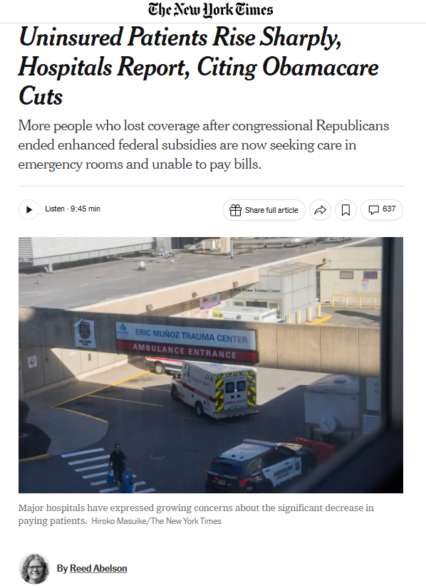 larry_levitt's tweet photo. We don't have real-time data showing the number of people uninsured with enhanced ACA premium subsidies expiring, but these reports from hospitals of more patients unable to pay their bills is a pretty good indication of what's happening.
@ReedAbelson @nytimes https://t.co/KRYNTK9Jcn