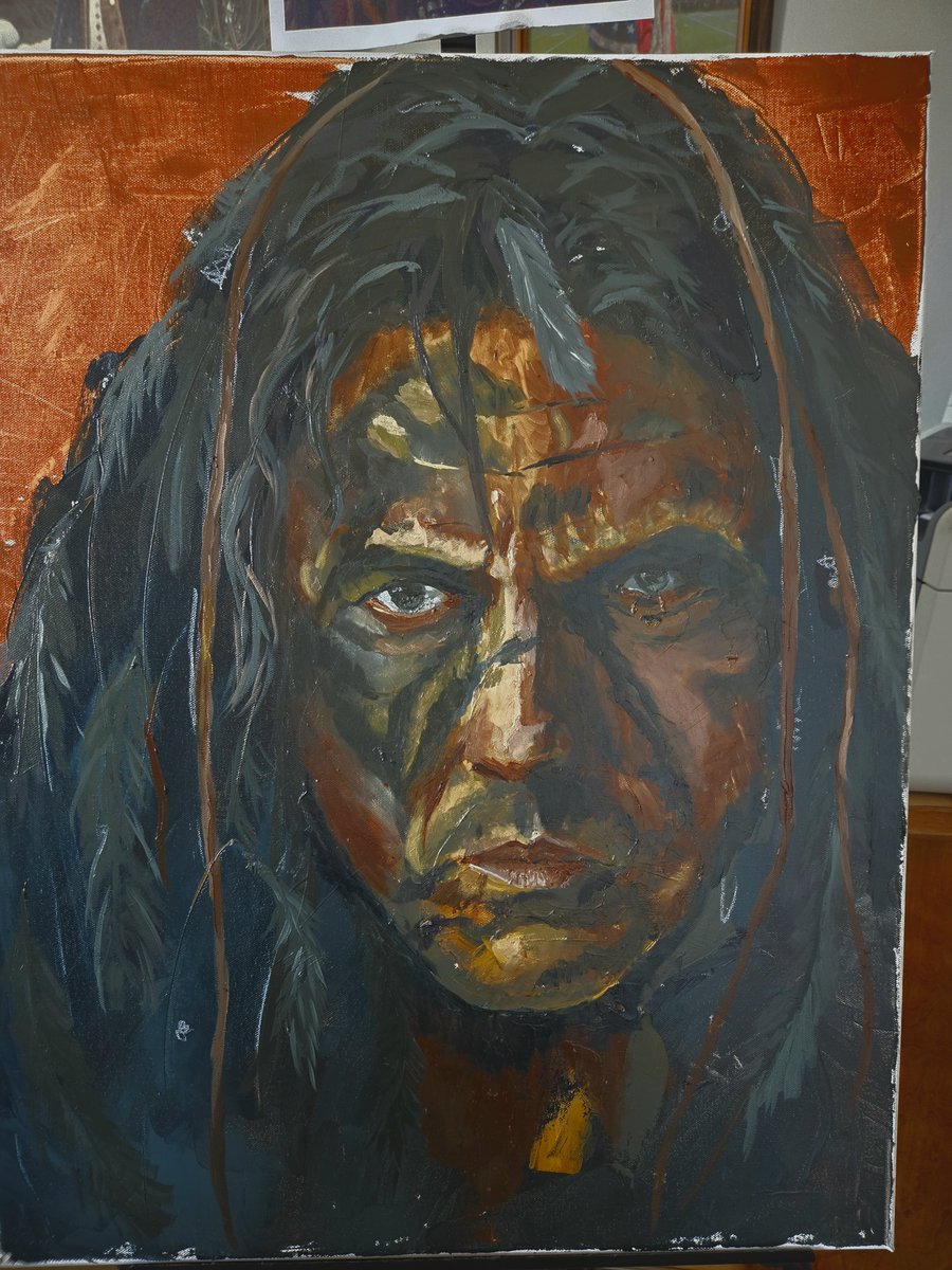 kraeze's tweet photo. "Watchman."

Second piece in this series — present but staying in the shadows, watching but not stepping into the scene.

Painted on a limited palette: burnt umber, raw umber, yellow ochre, phthalo blue. Still learning to earn the realism instead of faking it with more color. https://t.co/HikmPOrlxP