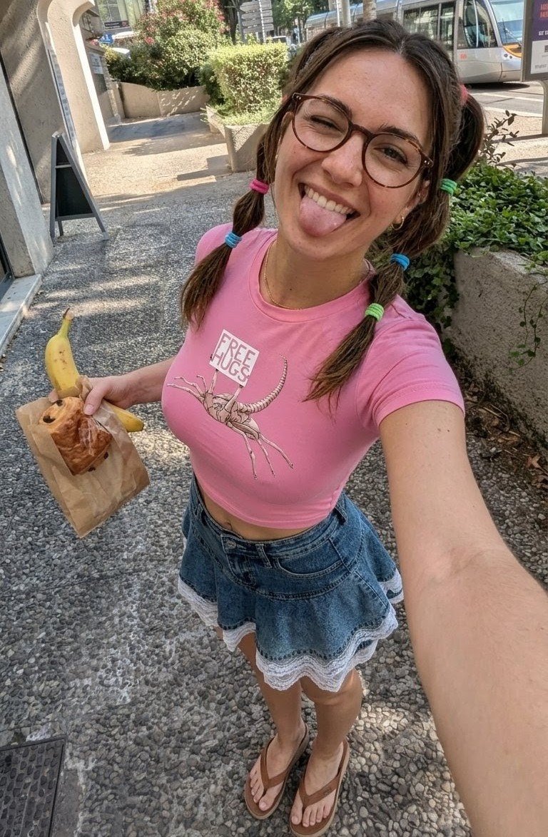 LenaGeekNice's tweet photo. Pause goûter bien méritée après une petite virée ! ☀️🍌🍫 Pain au chocolat et banane, le combo gagnant. Qui veut un "Free Hug" ? 😉💖 #GouterTime #PauseCafe #StreetStyle #UrbanLife #FreeHugs #Selfie #PinkVibes #DenimSkirt #CoiffureFun #GoûterSimple #VieUrbaine #PhotoDuJour https://t.co/XSlQ6l6wDb
