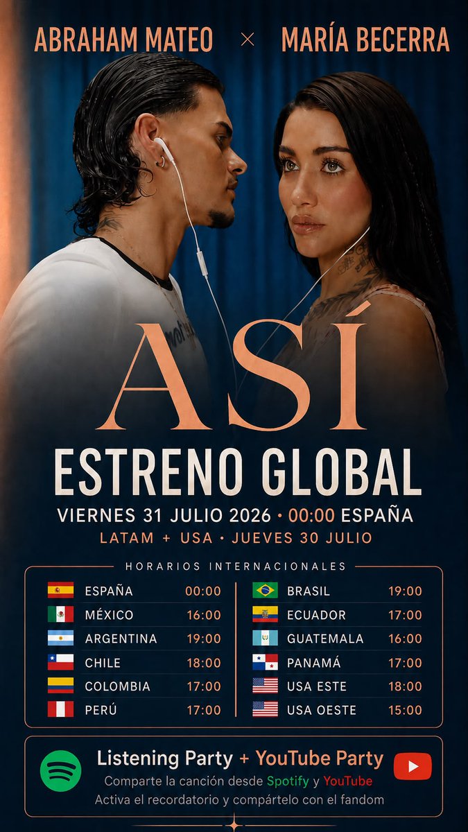 Abrahammateoarg's tweet photo. Es HOOOOOOOOOOOOOOY 🥳
A las 19.00 hs. Se estrena el tema "ASÍ" 

No tenemos dudas de que será un temón. Tenemos a la nena de Argentina y a Abraham colaborando juntos ¿Qué más podemos pedir? 😍😍

Muy ansiosos por escuchar esto💙❤️
@abrahammateo https://t.co/ff1vR76ay5