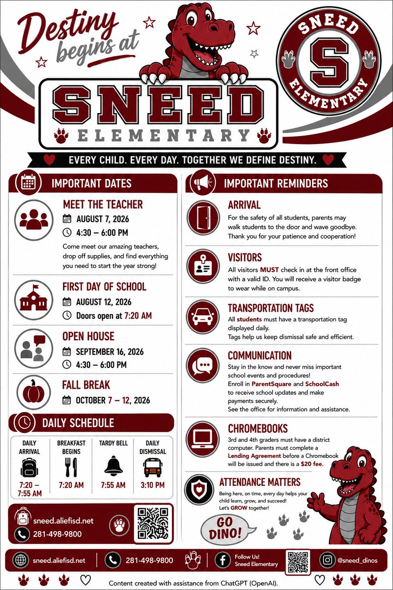 SneedESLibrary's tweet photo. Check out the important reminders for Meet the Teacher on August 7th.  Can't wait to welcome back our @Aliefsneed Dino family!  #EveryChildEveryDay  #DefineDestinySneed @AliefISD @Courtney_lynn21 @APGarza18 https://t.co/bdYQeo6b2P