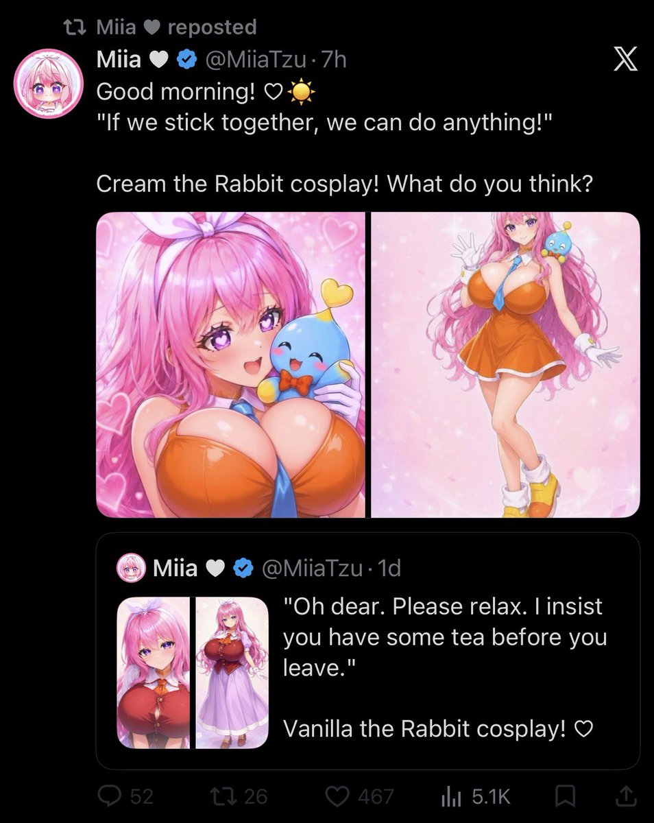 CaptainDaybreak's tweet photo. It’s seriously disgusting that you chose to give your character large boobs when dressing as Cream the Rabbit who is, again, a literal child character. Bad enough that it’s AI &amp; you don’t respect the artist who made your model, even worse that you sexualize a child character. https://t.co/ol2KW6D2KB