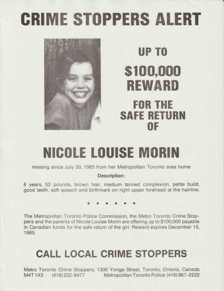 MissingFindMe's tweet photo. Early missing person poster for Nicole Morin when the reward for her safe return was raised to $100,000. Nicole vanished 41 years ago today from the family's penthouse apartment in Etobicoke and Toronto Police are still hoping to identify who was responsible for her abduction. https://t.co/XxUcvsEmB4