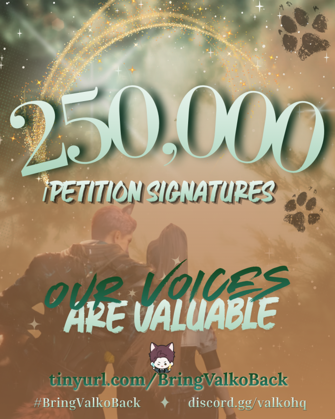 dahngrest's tweet photo. thank you for the signal boost, @bbnomula. with your help we hit 250k signatures! let's keep going and #BringValkoBack

#ValkoIsLoved #ValkoIsValuable https://t.co/LBkrzVJGyW