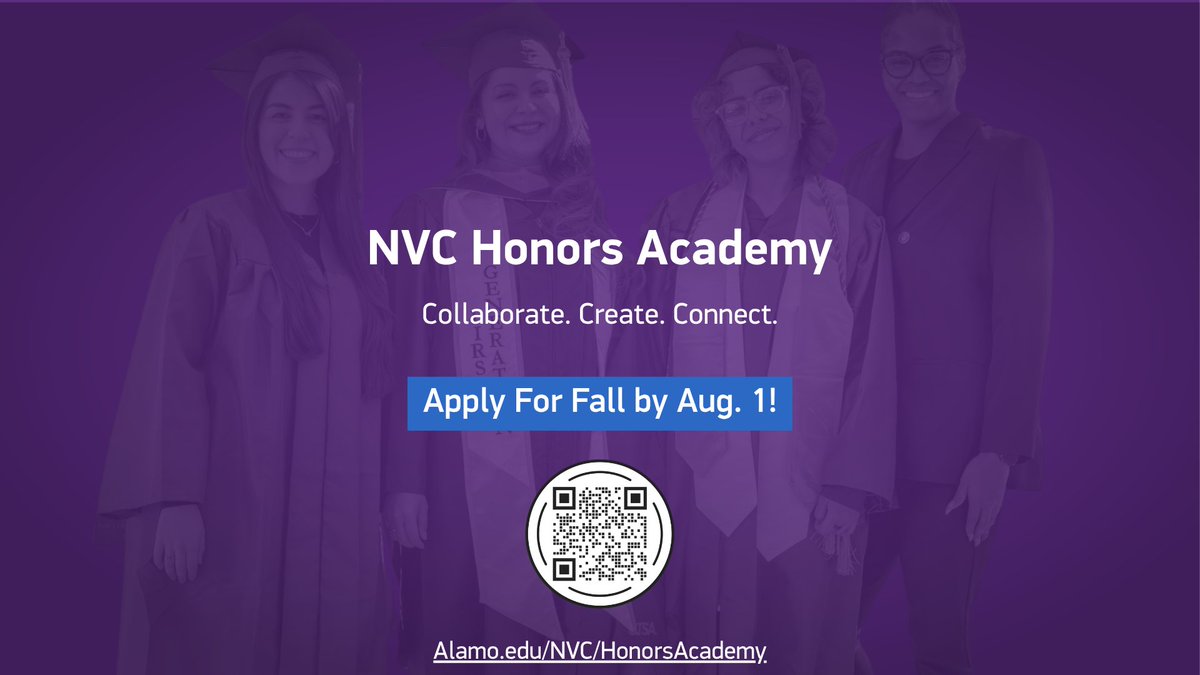 govista's tweet photo. Applications for the NVC Honors Academy close Aug. 1.

If you're ready to challenge yourself and take your academic journey to the next level, apply today.

The Honors Academy gives you the opportunity to:

⭐ Challenge Yourself: Take specialized courses that deepen your learning.
⭐ Learn with Mentors: Receive guidance from faculty who are committed to your success.
⭐ Find Your Community: Connect with motivated students who share your academic goals.

Apply now at https://t.co/1abbFjR0Fq 

#NVC #NVCHonorsAcademy #AlamoColleges #FutureLeaders