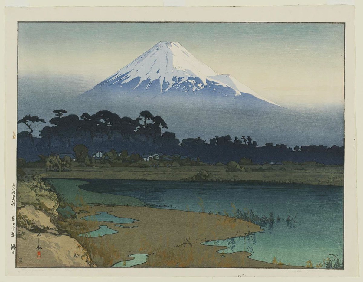 JapanTraCul's tweet photo. Sunrise, from Ten Views of Mount Fuji, by Yoshida Hiroshi, 1926 https://t.co/DjlVaZVGoY