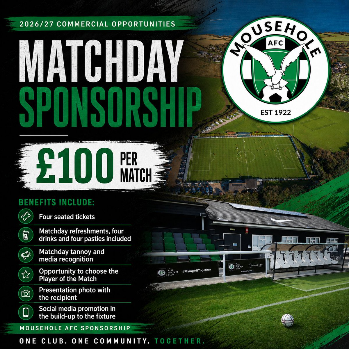 MouseholeAFC's tweet photo. 🚨💚 𝗣𝘂𝘁 𝗬𝗼𝘂𝗿 𝗕𝘂𝘀𝗶𝗻𝗲𝘀𝘀 𝗮𝘁 𝘁𝗵𝗲 𝗛𝗲𝗮𝗿𝘁 𝗼𝗳 𝗢𝗽𝗲𝗻𝗶𝗻𝗴 𝗗𝗮𝘆

The new South West Peninsula League season begins at Trungle Parc on Saturday 8th August, and two commercial opportunities are available for our opening fixture against St Mawgan FC.

Our content has generated more than 𝟱𝟬𝟬,𝟬𝟬𝟬 𝘃𝗶𝗲𝘄𝘀 𝗶𝗻 𝘁𝗵𝗲 𝗽𝗮𝘀𝘁 𝟮𝟴 𝗱𝗮𝘆𝘀, giving local businesses the chance to reach a growing audience while supporting the club on one of the biggest matchdays of the season.

𝗠𝗮𝘁𝗰𝗵𝗱𝗮𝘆 𝗦𝗽𝗼𝗻𝘀𝗼𝗿 | £𝟭𝟬𝟬

Enjoy the occasion with four seated tickets, drinks and pasties, matchday recognition, the opportunity to select the Player of the Match and a presentation photo with the recipient.

Your business will also feature across our match build-up, matchday and post-match social media coverage.

𝗠𝗮𝘁𝗰𝗵 𝗕𝗮𝗹𝗹 𝗦𝗽𝗼𝗻𝘀𝗼𝗿 | £𝟯𝟱

Includes two seated tickets, two drinks and two pasties, tannoy and media recognition, plus promotion across our social media channels ahead of the fixture.

This is more than a name on a post. It is an opportunity to connect your business with the club, the local community and the start of a new season.

📅 Saturday 8th August
🕒 3:00pm
📍 Trungle Parc
⚽ Mousehole AFC v St Mawgan FC

Message us or email mouseholeafc@gmail.com to secure your sponsorship.

Opening day. Your business. Our community. 🟢⚪️