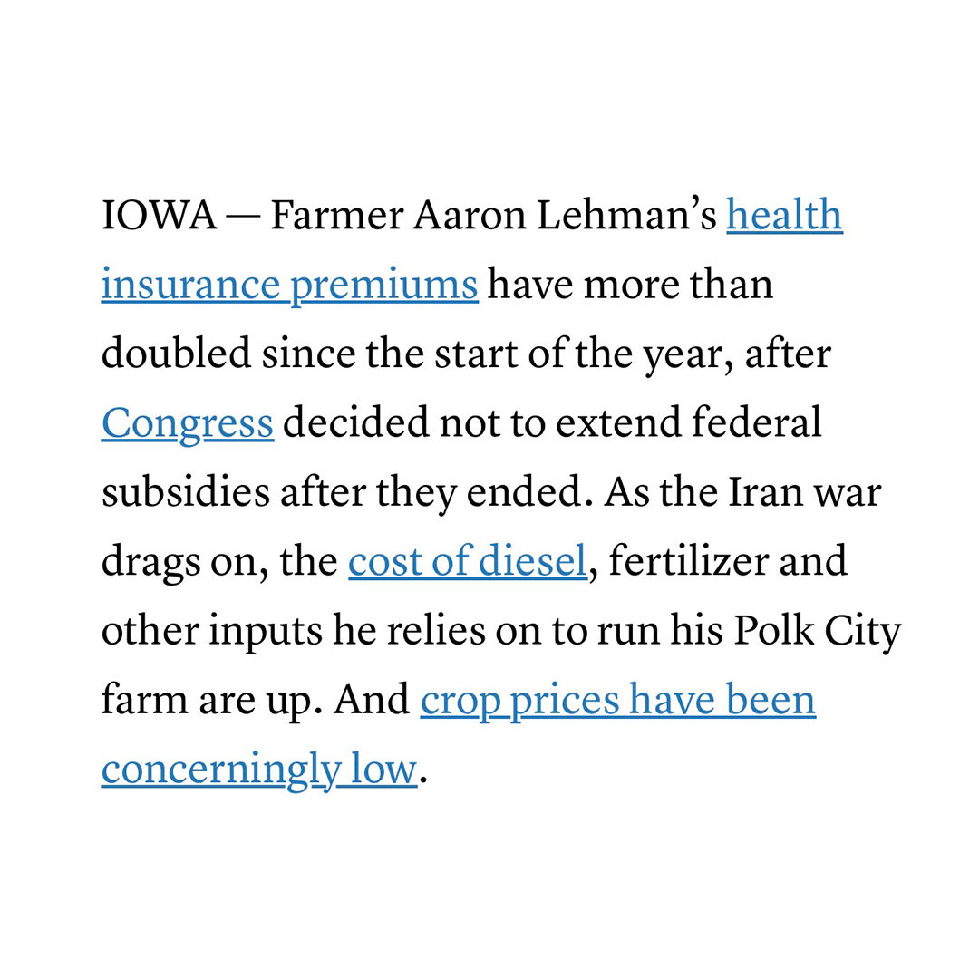 SarahforIowa's tweet photo. Iowa farmers are struggling because the war is raising fertilizer and diesel costs while tariffs are closing key markets. Zach Nunn voted for all of it.

The American Farm Bureau projects a $32B loss on major crops in 2027. Iowa farmers deserve better.

https://t.co/4JY9gMa7RY https://t.co/OP1DDH8Dfz