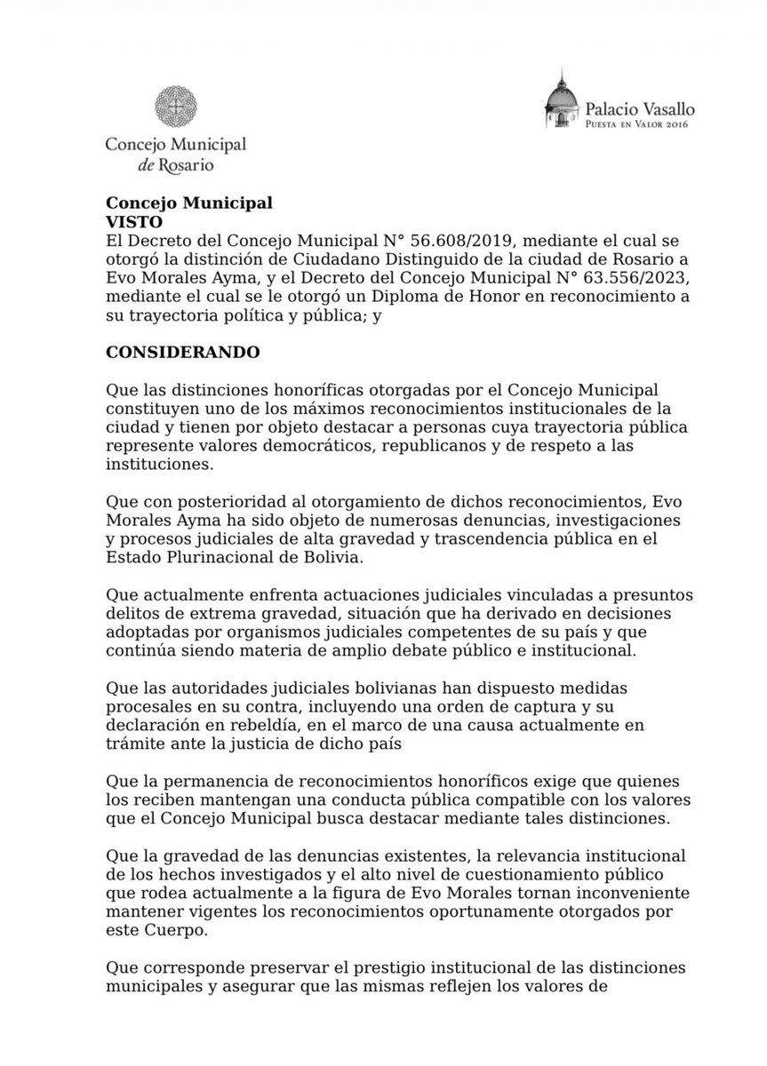 FrancoVolpeOK's tweet photo. La Justicia boliviana dio un nuevo paso en el proceso judicial contra Evo Morales.

Mientras eso ocurre, en Rosario seguimos impulsando la derogación de todas las distinciones y homenajes que el Concejo Municipal le otorgó durante los últimos años.

Las instituciones no pueden convertirse en herramientas de militancia política. Los reconocimientos del Concejo deben distinguir a personas cuya trayectoria represente los valores democráticos, republicanos y el respeto por las instituciones.

Rosario merece un Concejo enfocado en defender el prestigio de sus instituciones, no en premiar afinidades ideológicas.