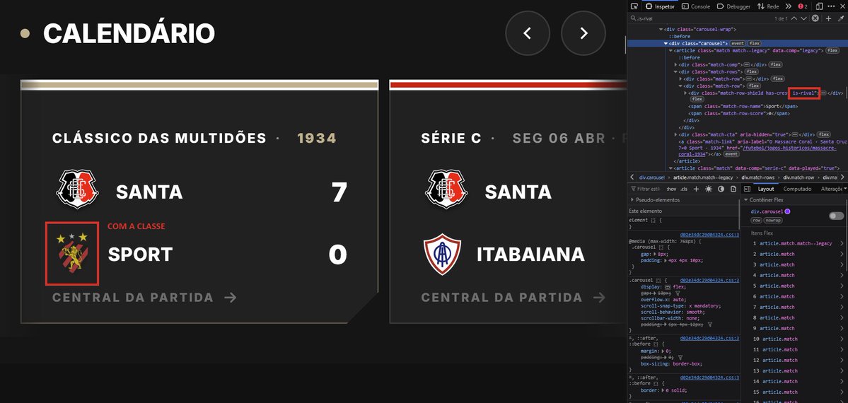 tricogooner's tweet photo. tava fuçando o novo site do santa e percebi q o brasão do sport no jogo do 7x0 tava torto e com baixa saturação, fui no inspecionar elemento pra ver se era isso msm e eles criaram uma classe "is-rival" pra brasão de time rival q deixa torto e diminui a saturação KKKKKKKKKK foda https://t.co/nbo48MwPQJ