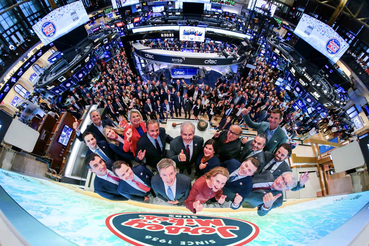 NYSE's tweet photo. Freshly listed. 

Highlights from an IPO morning, Mike's Way at NYSE. (NYSE: JMKE)

@jerseymikes | @EliManning | @DannyDeVito https://t.co/BZwmlFnwhl