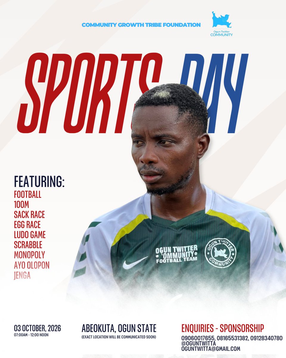OgunTwitta's tweet photo. Get ready to trade your keyboards for the pitch because Day 4: Sports Day is coming in hot for the Ogun Twitter Community Week #OGTCweek
Peep the flier for more information. https://t.co/iODIhcfIKb