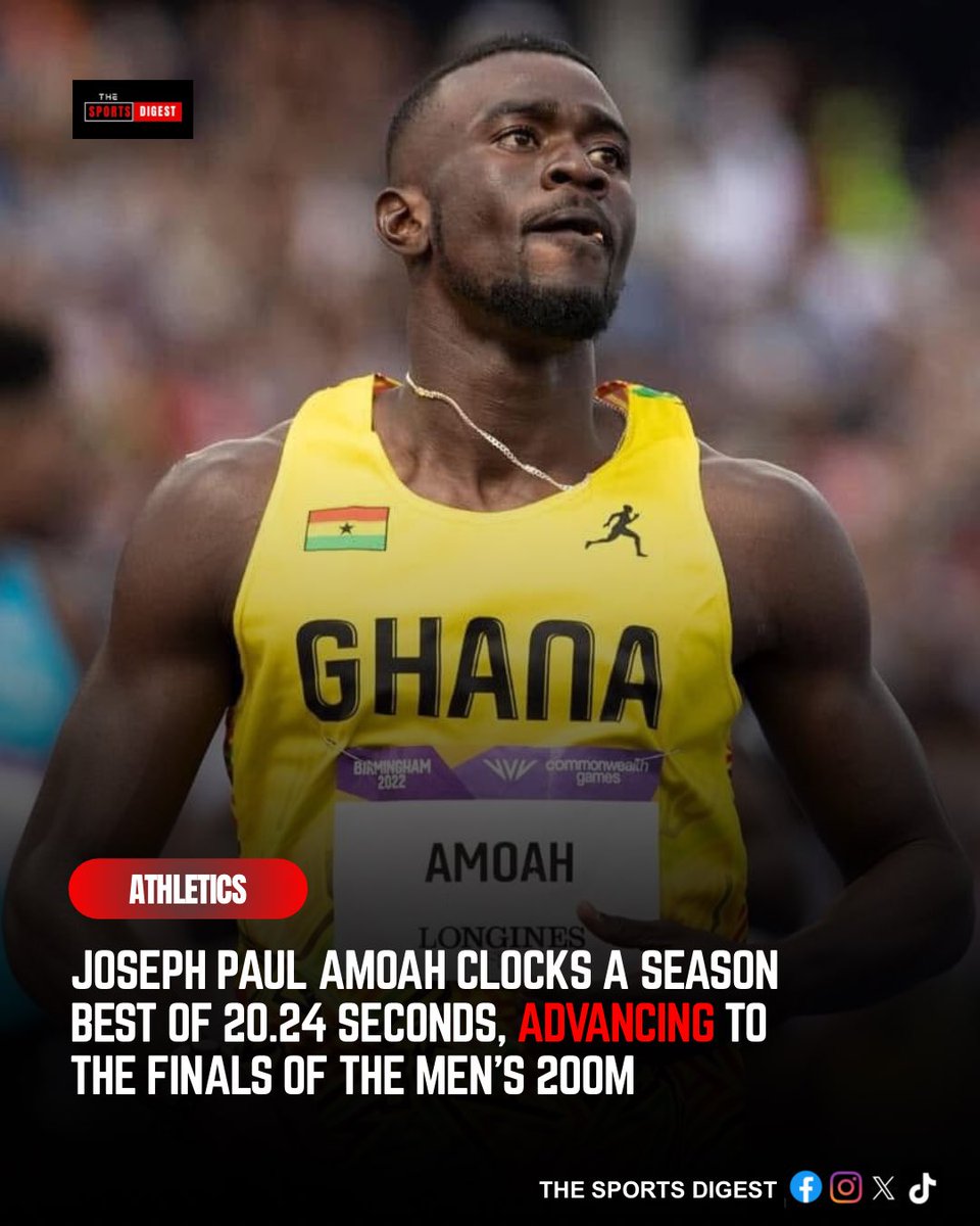 sportsdigesthub's tweet photo. 2026 Commonwealth Games: Joseph Paul Amoah in search of a medal for Ghana as he books a place in the Men’s 200m finals 👀🇬🇭

Doing so at his season best of 12.24s 🏃🏽‍♂️💨

#TheSportsDigest | #Glasgow2026 https://t.co/2Y7DePse7A