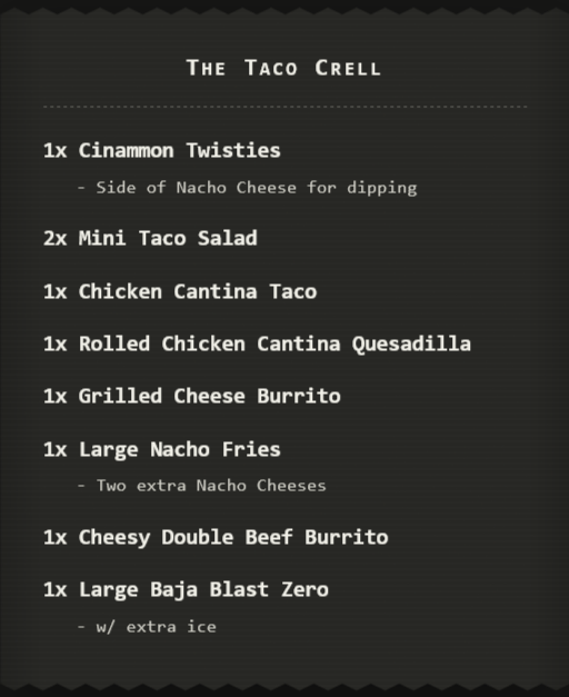 NobleFiftyEight's tweet photo. @Elyrium42 @ENVTubersOOC There's also The Taco Crell if you enjoy Taco Bell. https://t.co/0h9qJB0ifO