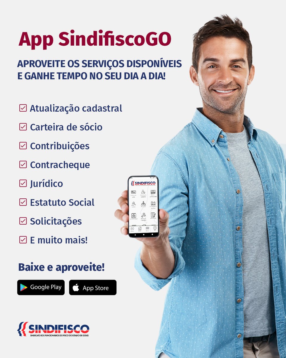 sindifiscogo's tweet photo. Tenha o Sindifisco-GO sempre com você!
Baixe gratuitamente o App Sindifisco-GO e acesse, com praticidade e segurança, os principais serviços do sindicato onde e quando precisar. https://t.co/4XkBnVPxpn